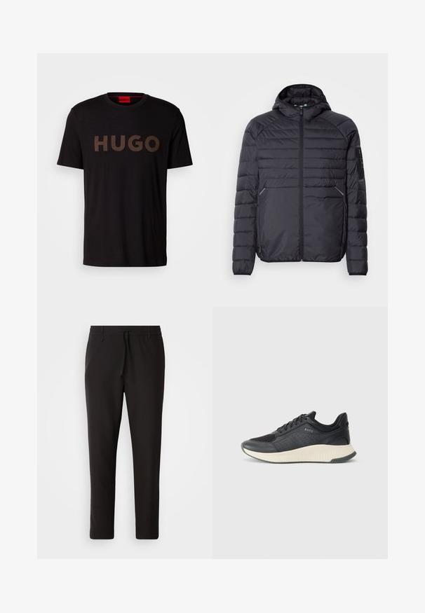 Casaco puffer preto com fecho zip, capuz e punhos canelados. Apresenta um design em painéis e bolsos laterais, feito de material sintético leve.; T-shirt de algodão preta com um grande logo "HUGO" em bronze texturizado na frente. Possui decote redondo e mangas curtas.; Calças de jogging pretas feitas de tecido liso. Apresentam uma cintura elástica com cordão, pernas ligeiramente ajustadas e sem bolsos visíveis. Design simples.; Sapatilha atlética preta com parte superior em malha com perfurações, uma entressola texturizada em creme e uma sola de borracha para tração.