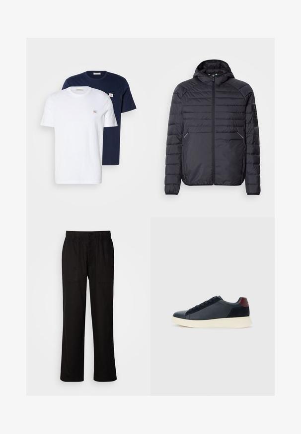 Black puffer jacket with a zip closure, hood, and ribbed cuffs. Features a paneled design and side pockets, made from lightweight synthetic material.; Cotton t-shirt pack in white and navy. Each features a crew neck, short sleeves, and a small logo patch on the chest.; Black pants with a relaxed fit, made from lightweight fabric. Features an elastic waistband, button closure, and two front pockets.; Low-top men's sneaker in black leather and suede with maroon heel tab and white rubber sole, viewed from the outer side.