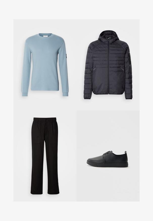 Svart puffjakke med glidelås, hette og ribbestrikkede mansjetter. Den har et paneloppsett og sidelommer, laget av lett syntetisk materiale.; Lyseblå langermet skjorte med rund hals og teksturert stoff. Har mansjetter på ermene og et lite svart logo-patch på venstre arm.; Svart bukser med avslappet passform, laget av lett stoff. Har elastisk midjebånd, knapplukking og to frontlommer.; Svart lær sneakers med glatt overflate, rund tå, tonede sømmer, snøring foran og flat gummisåle. Løkke på hælen.