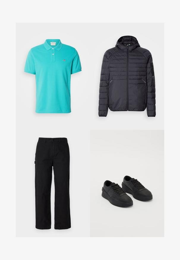 Černá péřová bunda s oboustranným zipem, kapucí a žebrovanými manžetami. Má panelový design a boční kapsy, vyrobena je z lehkého syntetického materiálu.; GANT REG SHIELD SS - Polotričko - lagoon blue; Černé bavlněné cargo kalhoty se střihem rovného nohavice, obsahující boční kapsy a přední zapínání na knoflík. Odolná tkanina s hladkou strukturou.; Pár černých nízkých platformových tenisek se šňůrkami, silnými podrážkami a perforovanými detaily v oblasti prstů na jednobarevném pozadí.