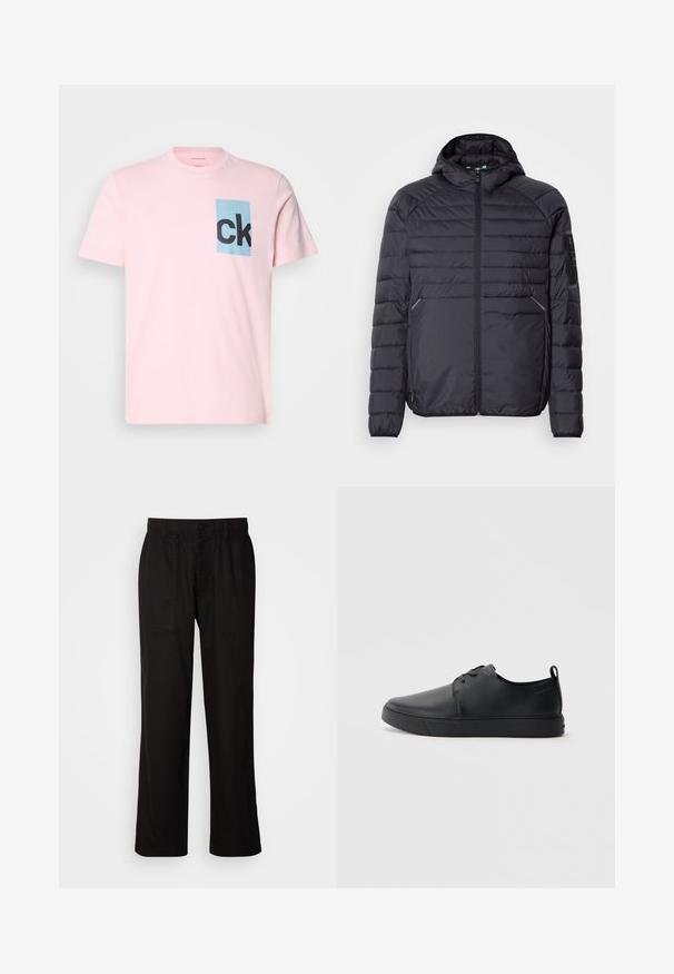 Svart puffjakke med glidelås, hette og ribbestrikkede mansjetter. Den har et paneloppsett og sidelommer, laget av lett syntetisk materiale.; Rosa bomull T-skjorte med et blått rektangulært merke med svart "ck" tekst. Korte ermer og rund hals. Jevn tekstur.; Svart bukser med avslappet passform, laget av lett stoff. Har elastisk midjebånd, knapplukking og to frontlommer.; Svart lær sneakers med glatt overflate, rund tå, tonede sømmer, snøring foran og flat gummisåle. Løkke på hælen.