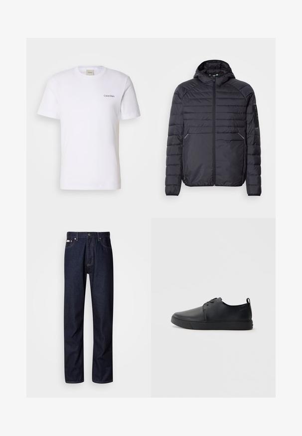 Musternäidisega must puhvjakas, millel on tõmblukk, kapuuts ja soonilised mansetid. Omab paneelstruktuuri ja küljetaskuid, valmistatud kergest sünteetilisest materjalist.; Valge puuvillane T-särk lühikeste varrukatega ja ümmarguse kaelusega. Esiküljel vasakul rinnakorvil on väike must "Calvin Klein" logo.; Tumed sinine denimist teksapüksid sirge sääre disainiga, mis on varustatud nööbiluku, viie tasku ja kontrastsete õmblustega detailidega.; Mustaläik nahast spordijalatsid siledaga viimistlusega, ümarate varvastega, sama tooni õmblustega, nööbid ees, ja lamedate kummist tallaga. Kannas aas.