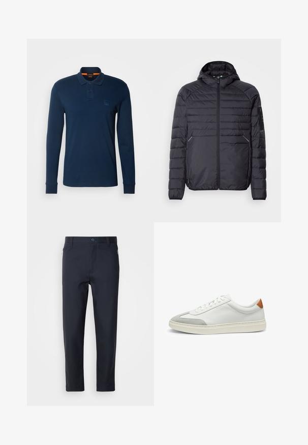 Schwarze Puffjacke mit Reißverschluss, Kapuze und gerippten Bündchen. Verfügt über ein abgestuftes Design und seitliche Taschen, aus leichtem synthetischen Material gefertigt.; BOSS PASSERBY - Poloshirt - open blue; Hose in Marineblau, tailliert, aus glattem Stoff, mit einem Reißverschlussfach, geraden Beinen und einem Knopfverschluss am Bund.; Weiße Leder-Sneaker mit grauen Wildlederakzenten und einer sandfarbenen Lederfersenschlaufe. Sie verfügen über eine strukturierte Oberfläche und eine leichte Sohle.