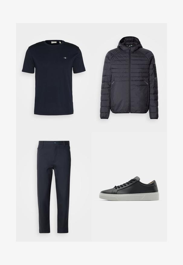 Musternäidisega must puhvjakas, millel on tõmblukk, kapuuts ja soonilised mansetid. Omab paneelstruktuuri ja küljetaskuid, valmistatud kergest sünteetilisest materjalist.; Tumed sinine puuvillane T-särk, ümmarguse kaelusega, lühikeste varrukatega ja väikese logoga vasakul rinnal. Pehme tekstuur, tavaline lõige.; Tumed sinised kohandatud püksid, mis on valmistatud siledast kangast. Neil on lukuga tasku, sirged jalad ja nupuga sulgus vööosas.; Must musta sneakers, mille siledat, ümmarguse varbaga ja mustade paeltega. Omab paksu valget kummist tallat, millel on tagasihoidlikud geometrilised aktsendid.