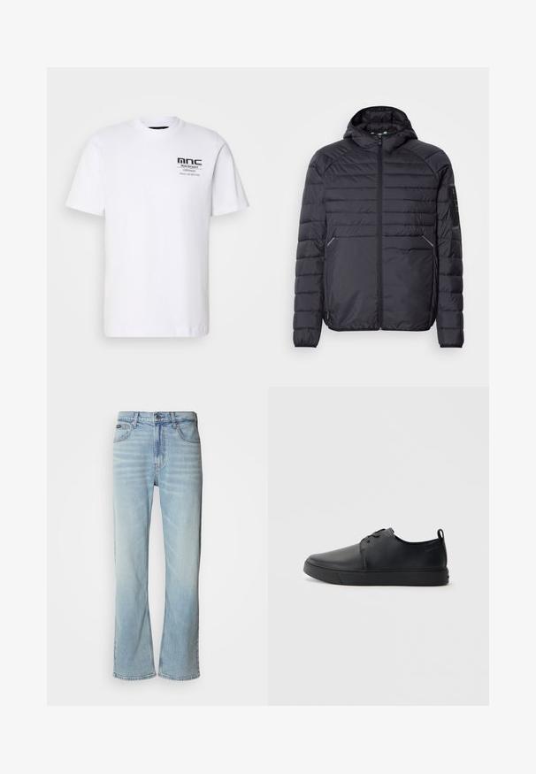 Crna puffer jakna sa zatvaračem, kapuljačom i rebrastim manžetama. Ima panele i bočne džepove, izrađena je od laganog sintetičkog materijala.; Bijela majica kratkih rukava od pamuka. Sadrži crni grafički otisak na lijevom prsnom dijelu s tekstom i logom. Klasičan okrugli izrez.; Svijetloplavi traperice ravnog kroja, s pet džepova, kopčanjem na gumb i suptilnim izbljeđivanjem na tkanini.; Crne kožne tenisice s glatkom površinom, zaobljenim vrhom, tonom prošivanja, vezanjem sprijeda i ravnim gumenim potplatom. Oko pete se nalazi učka.