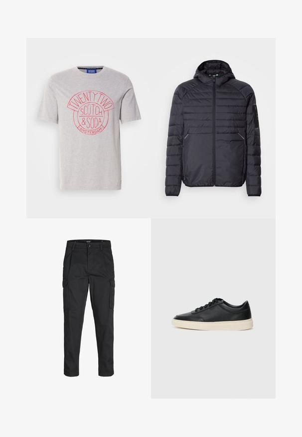 Sort oppustelig jakke med lynlås, hætte og ribbede manchetter. Har et paneldesign og sidelommer, lavet af letvægts syntetisk materiale.; Grå bomulds t-shirt med et rundt rødt grafisk tryk med teksten "TWENTY TWO", "SCOTCH & SODA" og "AMSTERDAM". Korte ærmer, standard pasform.; Sorte cargo-bukser lavet af slidstærkt stof, der har flere lommer, en knaplukning og et slim fit design med smalle ben.; Sort lavt top lædersneaker med sorte snørebånd og off-white sål vist i sideprofil på hvid baggrund.