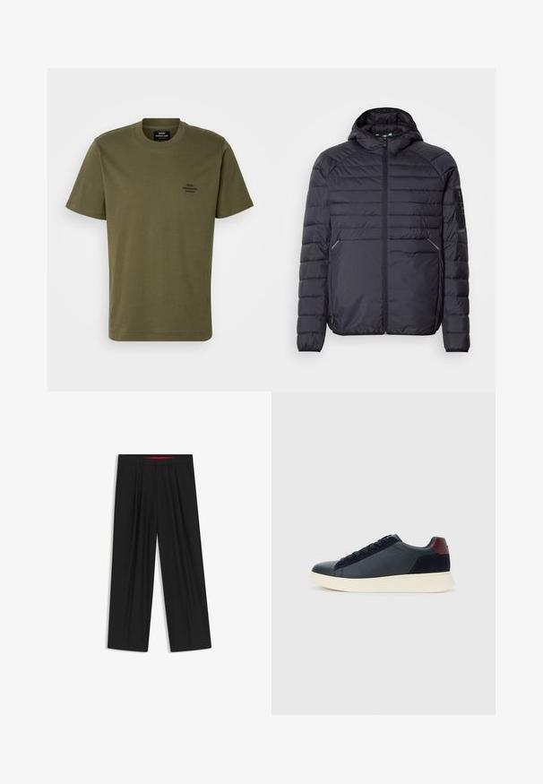 Black puffer jacket with a zip closure, hood, and ribbed cuffs. Features a paneled design and side pockets, made from lightweight synthetic material.; Olive green short-sleeve T-shirt made of cotton, featuring a round neckline and a small embroidered logo on the left chest. Smooth texture.; Black wide-leg trousers with a flat front, two side pockets, pleated design, and a contrasting red interior waistband.; Low-top men's sneaker in black leather and suede with maroon heel tab and white rubber sole, viewed from the outer side.