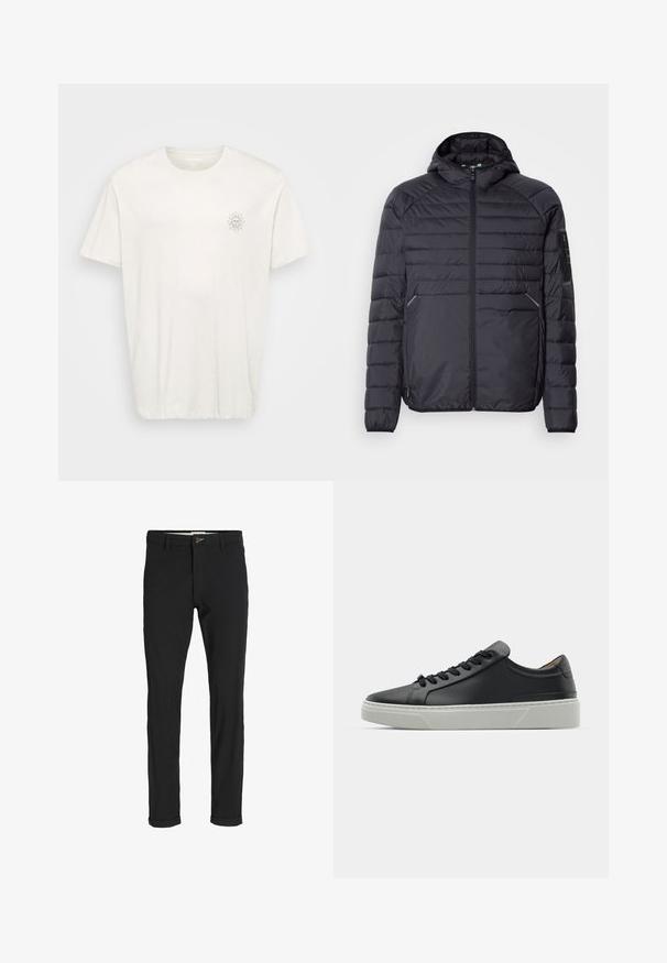 Crna puffer jakna sa zatvaračem, kapuljačom i rebrastim manžetama. Ima panele i bočne džepove, izrađena je od laganog sintetičkog materijala.; Majica kratkih rukava s okruglim izrezom od off-white pamučnog materijala. Ima mali grafički uzorak sunca na lijevoj strani prsnog koša. Mekana tekstura, ležeran kroj.; Crne hlače od pamuka sa slim fit krojem, s kopčanjem na dugme, džepovima i zavrnutim rukavima za ležeran izgled.; Crne kožne tenisice s glatkom teksturom, okruglim vrhom i crnim čipkastim vezicama. Imaju debeo bijeli gumeni potplat s suptilnim geometrijskim naglascima.