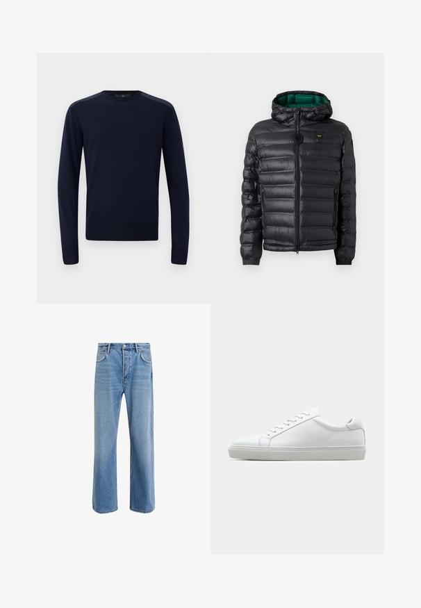 Svart vaddertejakke med hette, som har en blank finish, grønt fôr, glidelåslukking og elastiske mansjetter. Inkluderer merkevarelogo på brystet.; Marineblå strikkegenser med lange ermer, rund hals og ribbestrikkede mansjetter. Har teksturerte skulderdetaljer og en tettsittende silhuett.; Lys blå denimjeans med rett ben-design, fem lommer, knappeåpning, minimal falming og kontrasterende sømdetaljer.; Hvit sneakers med en glatt skinnoverdel og lav profil. Har en rund tå, seks snøring hull, og en teksturert gummisåle.