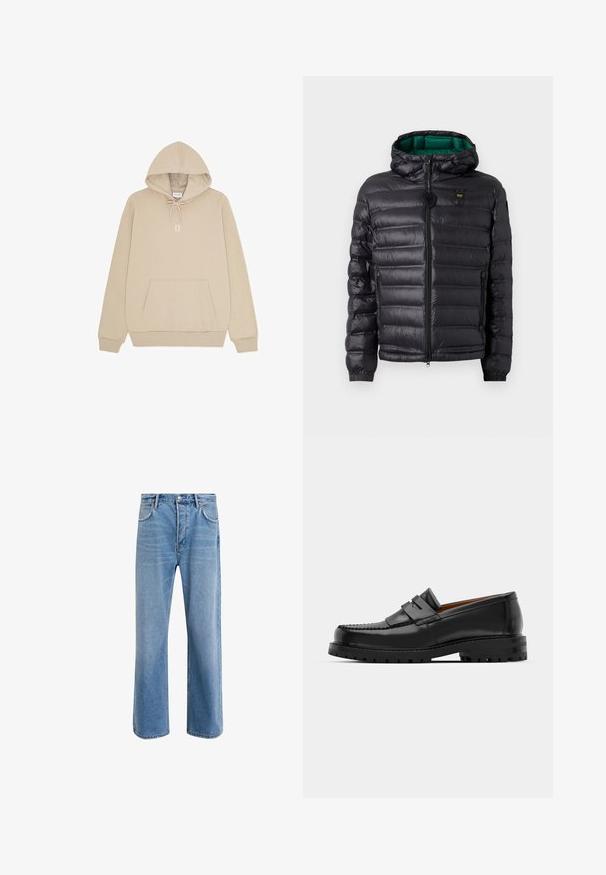Svart puffjakke med quiltet design, hette og grønn innside. Har en sentral glidelås og logo detaljer på øvre front.; Beige hettegenser med kengurulomme foran, snor til hette, ribbestrikkede mansjetter, og "II" trykt i hvitt på brystet.; Lys blå denimjeans med rett ben-design, fem lommer, knappeåpning, minimal falming og kontrasterende sømdetaljer.; Svart skinnloafers har en hevet søm, to dekorative stropper på oversiden, og en tykk teksturert såle for bedre grep.