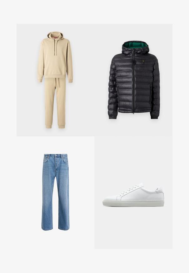 Mustast polsterdatud jope kapuutsiga, läikiva viimistlusega, rohelise voodriga, tõmblukuga ja elastsete mansettidega. Rinnal on brändi logo.; Beige kapuutsiga ja treeningpükste komplekt, mis on valmistatud pehmest kangast. Kapuutsil on kinnituspael ja eesmine tasku; treeningpükstel on elastne vöökoht.; Heledad sinine teksapüksid otse lõikega, viie taskuga, nupuga sulgemine, minimaalne kulumine ja kontrastsed õmbluse detailid.; Valge tennisetoss, millel on sile nahk pealis ja madal profiil. Omab ümarat ninaosa, kuut silmust ja tekstuuriga kummist talda.