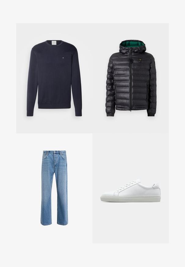 Giacca imbottita nera con cappuccio, finitura lucida, fodera verde, chiusura con zip e polsini elastici. Include logo marchiato sul petto.; Maglione lavorato a maglia blu navy con maniche lunghe, colletto rotondo e piccolo logo bianco sul petto. Texture liscia e polsini e orlo a coste.; Jeans in denim blu chiaro con design a gamba dritta, cinque tasche, chiusura con bottone, leggero sbiadimento e dettagli di cucitura a contrasto.; Sneaker bianco con tomaia in pelle liscia e profilo basso. Presenta una punta arrotondata, sei occhielli e una suola in gomma testurizzata.