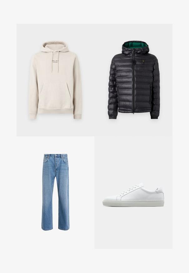 Svart puffjakke med quiltet design, hette og grønn innside. Har en sentral glidelås og logo detaljer på øvre front.; Beige hette laget av myk stoff, med kengurulomme, snor i hetten, og liten svart tekstlogo på brystet.; Lys blå denimjeans med rett ben-design, fem lommer, knappeåpning, minimal falming og kontrasterende sømdetaljer.; Hvit sneakers med en glatt skinnoverdel og lav profil. Har en rund tå, seks snøring hull, og en teksturert gummisåle.