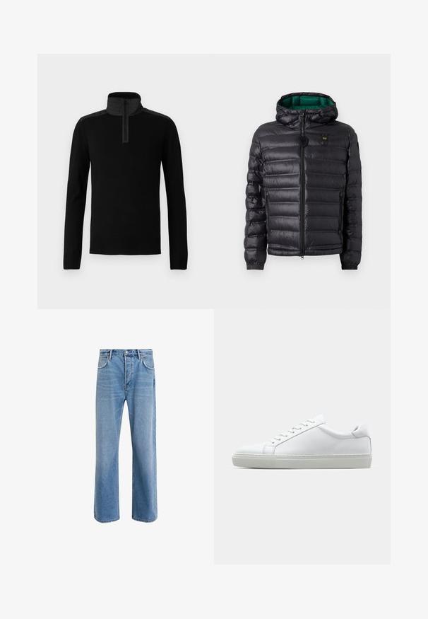 Svart vadderad jacka med huva, blank yta, grön foder, dragkedja och elastiska muddar. Inkluderar märkeslogo på bröstet.; Svart tröja med hög krage och kvartdragkedja. Har en slät tyg och kontrasterande texturerade axelpaneler.; Ljust blå denimjeans med rak passform, fem fickor, knappstängning, minimal blekning och kontrasterande sömdetaljer.; Vit sneaker med en slät läderövre och låg profil. Har en rundad tå, sex snörhål och en strukturerad gummisula.