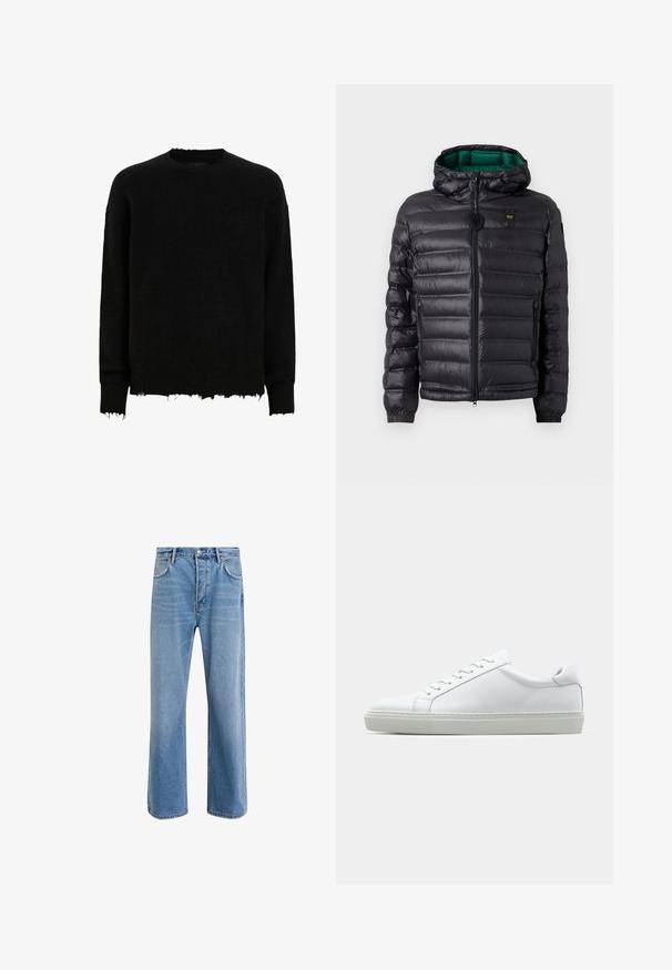 Black padded jacket with a hood, featuring a glossy finish, green lining, zip closure, and elastic cuffs. Includes branded logo on chest.; Black long-sleeve crewneck sweater with frayed edges on cuffs and hem, made from a fuzzy knit fabric.; Light blue denim jeans with a straight-leg design, five pockets, button closure, minimal fading, and contrasting stitching details.; White sneaker with a smooth leather upper and a low profile. Features a rounded toe, six eyelets, and a textured rubber sole.