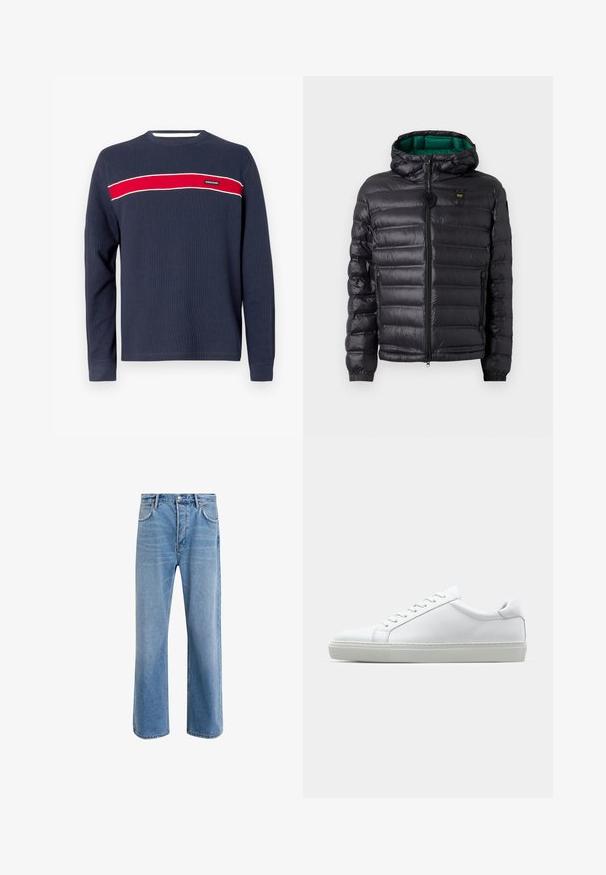 Schwarze Steppjacke mit einem gesteppten Design, Kapuze und grünem Innenfutter. Verfügt über einen zentralen Reißverschluss und Logodetails auf der oberen Vorderseite.; Marineblaues Langarmhemd mit gerippter Textur, das einen horizontalen roten Streifen und weiße Akzente über der Brust aufweist, mit einem Logoetikett.; Helle blaue Jeans im Geradeschnitt-Design, mit fünf Taschen, Knopfverschluss, minimaler Ausbleichung und kontrastierenden Nähdetails.; Weißer Sneaker mit glattem Lederobermaterial und niedrigem Profil. Verfügt über eine runde Zehenpartie, sechs Ösen und eine strukturierte Gummisohle.