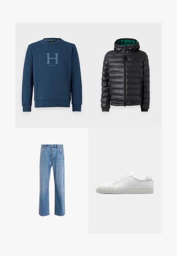 Geacă neagră matlasată cu glugă, cu finisaj lucios, căptușeală verde, închidere cu fermoar și manșete elastice. Include logo de marcă pe piept.; Sweatshirt bleumarin dintr-un material amestec de bumbac, având guler rotund, mansete ribbed și un mare logo deschis la culoare „H” cu „HACKETT” dedesubt.; Jeans din denim bleu deschis cu un design drept, cinci buzunare, închidere cu buton, decolorare minimă și detalii de cusătură în contrast.; Adidași albi cu o suprafață din piele netedă și un profil jos. Au un vârf rotunjit, șase orificii pentru șireturi și o talpă din cauciuc texturată.