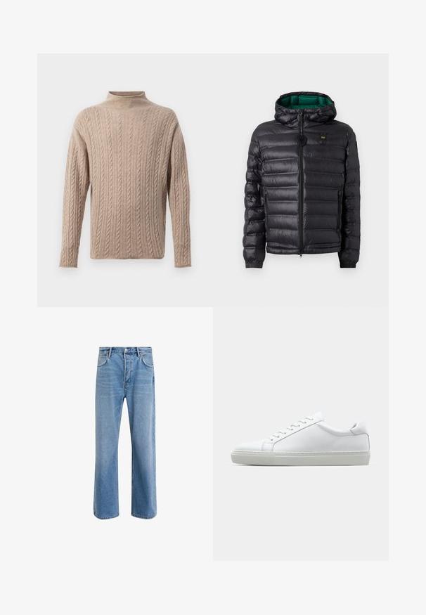 Svart vaddertejakke med hette, som har en blank finish, grønt fôr, glidelåslukking og elastiske mansjetter. Inkluderer merkevarelogo på brystet.; Beige kabelstrikket genser med høy hals, lange ermer, teksturert mønster, og ribbestrikkede detaljer på ermer og nederkant. Mykt, behagelig materiale.; Lys blå denimjeans med rett ben-design, fem lommer, knappeåpning, minimal falming og kontrasterende sømdetaljer.; Hvit sneakers med en glatt skinnoverdel og lav profil. Har en rund tå, seks snøring hull, og en teksturert gummisåle.