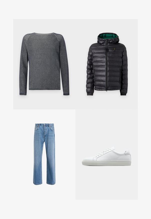 Černá prošívaná bunda s kapucí, lesklým povrchem, zelenou podšívkou, zapínáním na zip a elastickými manžetami. Obsahuje značkové logo na hrudi.; Svetr s dlouhým rukávem v námořnické modři vyrobený z texturované pleteniny. Má kulatý výstřih a zesílené švy na ramenou.; Světle modré džínové kalhoty s rovnými nohavicemi, pěti kapsami, zapínáním na knoflík, minimálním vyblednutím a kontrastním prošitím.; Bílé tenisky s hladkým koženým svrškem a nízkým profilem. Mají zaoblenou špičku, šest nýtů a texturovanou gumovou podrážku.