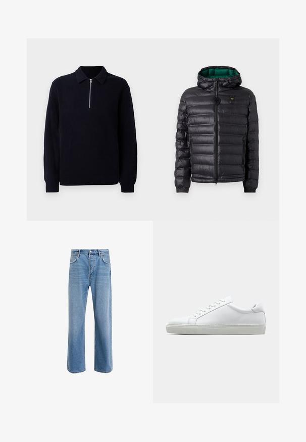 Giacca imbottita nera con cappuccio, finitura lucida, fodera verde, chiusura con zip e polsini elastici. Include logo marchiato sul petto.; Maglione in maglia a coste blu navy con apertura a zip sul davanti, colletto classico e maniche lunghe. Texture morbida con vestibilità rilassata.; Jeans in denim blu chiaro con design a gamba dritta, cinque tasche, chiusura con bottone, leggero sbiadimento e dettagli di cucitura a contrasto.; Sneaker bianco con tomaia in pelle liscia e profilo basso. Presenta una punta arrotondata, sei occhielli e una suola in gomma testurizzata.