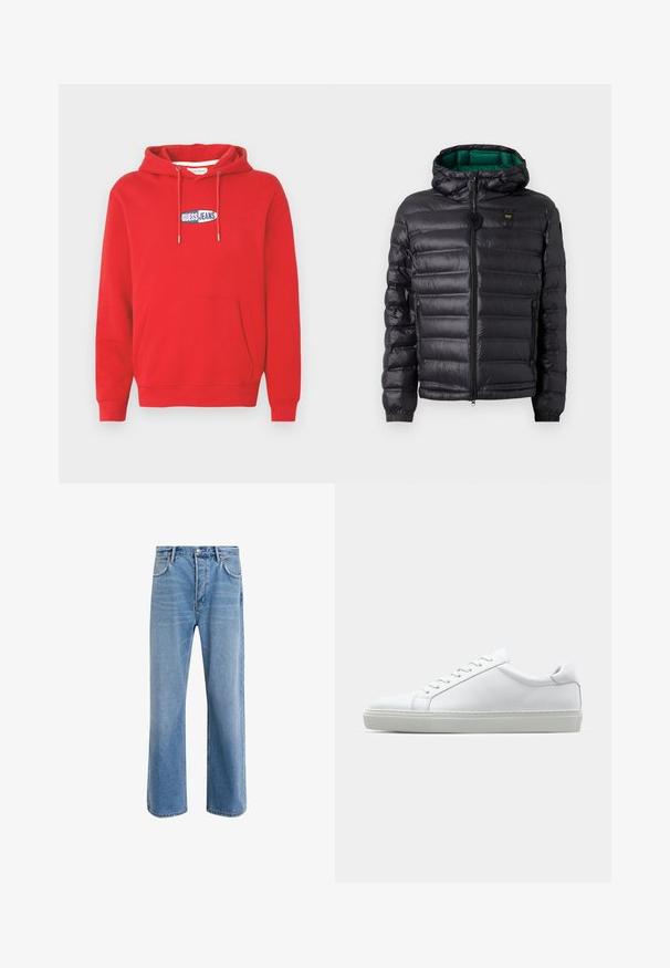 Melnā polsterētā jaka ar kapuci, ar spīdīgu virsmu, zaļu odere, rāvējslēdzēja aizdare un elastīgi aproces. Uz krūtīm ir zīmolots logo.; Sarkans sporta džemperis no mīksta auduma ar priekšējo kabatu, kapuci ar auklu un uz krūtīm zili baltu "GUESS JEANS" logotipa plāksteri.; Gai zilas džinsu bikses ar taisnām kājām, piecām kabatām, pogu aizvēršanu, minimālu izbalēšanu un kontrastējošiem šuvju elementiem.; Baltie sporta apavi ar gludu ādas virsu un zemu profilu. Iezīmējas ar noapaļotu purngalu, sešām acīm un teksturētu gumijas zoli.