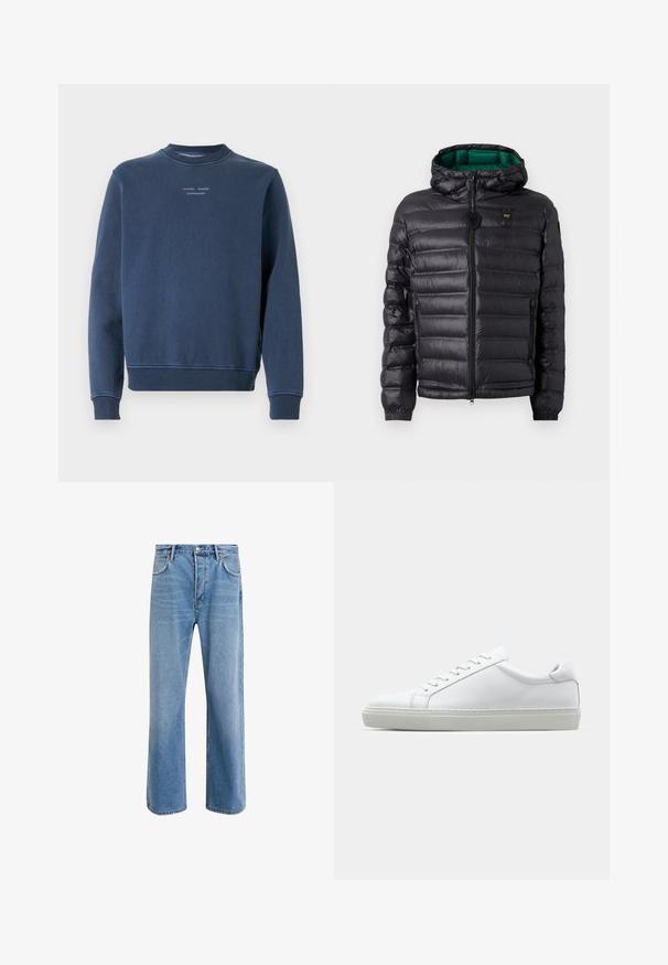 Juoda paminkštinta striukė su gobtuvu, blizgiu paviršiumi, žaliu pamušalu, užtrauktuku ir elastinėmis rankogaliais. Krūtinės srityje yra prekės ženklo logotipas.; Tamsiai mėlynas džemperis, pagamintas iš tekstūruotos medvilnės. Yra apvaliu kaklu, ilgomis rankovėmis ir gumburais ant rankovių. Ant krūtinės matoma prekių ženklas.; Šviesiai mėlyni džinsai su tiesiu kirpimu, penkios kišenės, mygtuko užsegimas, minimalus blukimas ir kontrastingi siuvimo detalės.; Baltas sportinis batelis su lygiu odiniu paviršiumi ir žemu profiliu. Turi suapvalintą pirštą, šešis akių skyrius ir tekstūruotą gumos padą.