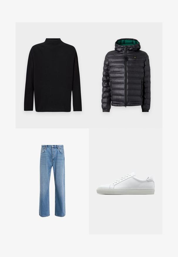 Czarna kurtka puchowa z pikowanym wzorem, kapturem i zielonym wnętrzem. Posiada centralny zamek błyskawiczny oraz logo na górnej części frontu.; Czarny sweter z golfem, wykonany z miękkiego dzianiny, z długimi rękawami, luźnym krojem i wysokim kołnierzem. Brak widocznych wzorów lub elementów metalowych.; Jasnoniebieskie dżinsy o prostym kroju, pięć kieszeni, zapięcie na guzik, minimalne blaknięcia i kontrastowe wykończenia szwów.; Białe sneakersy z gładką skórzaną cholewką i niskim profilem. Posiadają okrągły nos, sześć dziurek na sznurówki oraz teksturowaną gumową podeszwę.