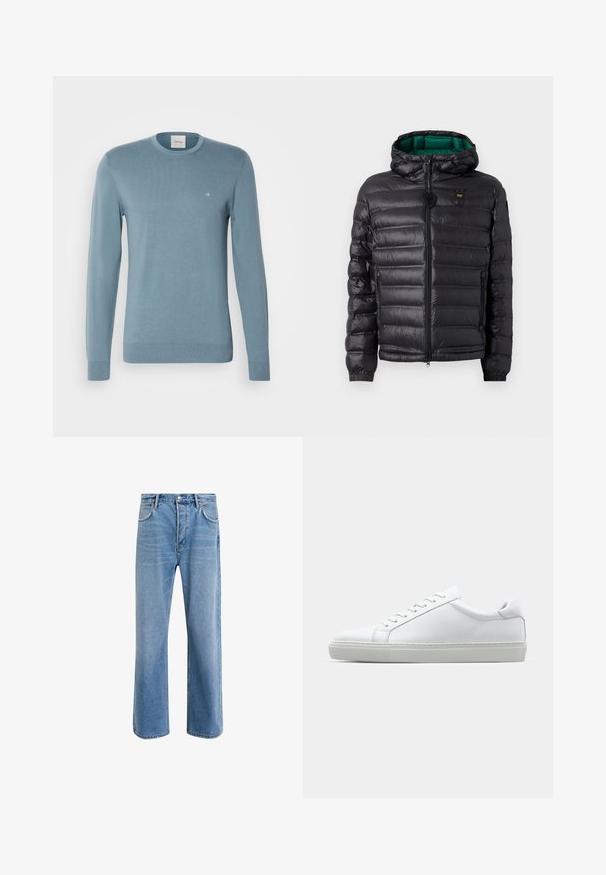 Black padded jacket with a hood, featuring a glossy finish, green lining, zip closure, and elastic cuffs. Includes branded logo on chest.; Light blue crew-neck sweater made from a soft knit fabric, featuring long sleeves and a small white logo on the chest.; Light blue denim jeans with a straight-leg design, five pockets, button closure, minimal fading, and contrasting stitching details.; White sneaker with a smooth leather upper and a low profile. Features a rounded toe, six eyelets, and a textured rubber sole.