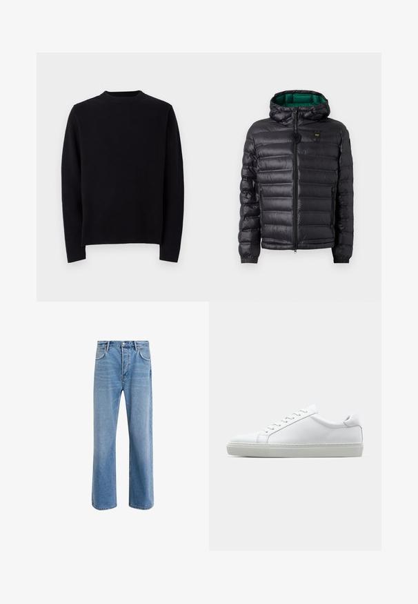 Melnā pūkainā jakā ar kvadrātu dizainu, kapuci un zaļu iekšpusi. Tam ir centrāla rāvējslēdzēja aizdare un logotipa apdare augšējā priekšā.; Melnā adīta džemperis ar garām piedurknēm, apaļu riboto apkakli un taisnu piegriezumu. Gluda tekstūra bez redzamām rakstu vai akcentu detaļām.; Gai zilas džinsu bikses ar taisnām kājām, piecām kabatām, pogu aizvēršanu, minimālu izbalēšanu un kontrastējošiem šuvju elementiem.; Baltie sporta apavi ar gludu ādas virsu un zemu profilu. Iezīmējas ar noapaļotu purngalu, sešām acīm un teksturētu gumijas zoli.