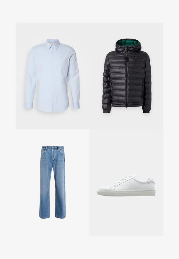 Zwarte gewatteerde jas met een capuchon, voorzien van een glanzende afwerking, groene voering, ritssluiting en elastische manchetten. Voorzien van een merklogo op de borst.; Lichtblauw overhemd met lange mouwen en knopen, gemaakt van katoen met een klassieke kraag, met een klein logo op de borst en een rechte zoom.; Lichtblauwe denim jeans met een straight-leg ontwerp, vijf zakken, knoopsluiting, minimale vervaging en contrasterende stikseldetails.; Witte sneaker met een gladlederen bovenwerk en een laag profiel. Voorzien van een ronde neus, zes vetergaatjes en een gestructureerde rubberen zool.
