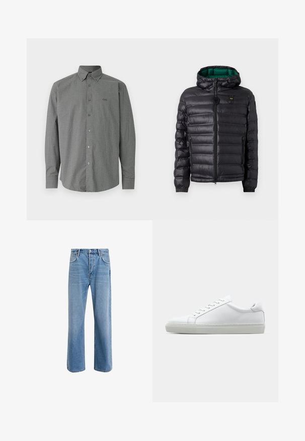 Black padded jacket with a hood, featuring a glossy finish, green lining, zip closure, and elastic cuffs. Includes branded logo on chest.; Long-sleeve gray button-up shirt with fine white grid pattern and collar, featuring BOSS logo embroidered on left chest.; Light blue denim jeans with a straight-leg design, five pockets, button closure, minimal fading, and contrasting stitching details.; White sneaker with a smooth leather upper and a low profile. Features a rounded toe, six eyelets, and a textured rubber sole.
