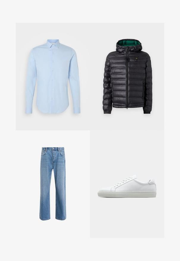 Crna podstavljena jakna s kapuljačom, sjajnog finiša, s zelenim podstavom, zatvaračem i elastičnim manšetama. Na prsima je logo robne marke.; Svijetloplava košulja dugih rukava s dugmadi, klasičnog ovratnika, zaobljenim rubom i bisernim dugmadi. Glatka pamučna tkanina, krojena po mjeri.; Svijetloplave traperice s ravnim nogavicama, pet džepova, zatvaranjem na gumb, minimalnim izbljeđivanjem i kontrastnim šavovima.; Bijela tenisica s glatkim kožnim gornjim dijelom i niskim profilom. Ima zaobljen vrh, šest rupica za vezanje i teksturiranu gumenu podlogu.
