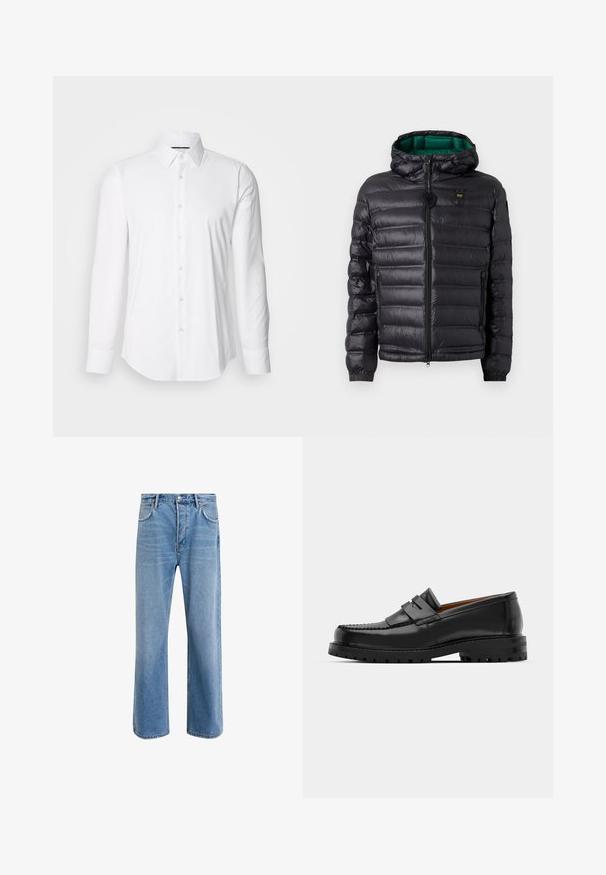 Crna podstavljena jakna s kapuljačom, sjajnog finiša, s zelenim podstavom, zatvaračem i elastičnim manšetama. Na prsima je logo robne marke.; Bijela košulja dugih rukava od glatkog materijala, s klasičnom kragnom i dizajnom na gumbe s zakrivljenim rubom. Gumbi su suptilno sjajni.; Svijetloplave traperice s ravnim nogavicama, pet džepova, zatvaranjem na gumb, minimalnim izbljeđivanjem i kontrastnim šavovima.; Crne kožne mokasine imaju podignutu šav, dvije dekorativne trake na gornjem dijelu i debeli teksturirani đon za bolji grip.