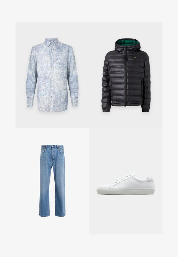 Svart vadderad jacka med huva, blank yta, grön foder, dragkedja och elastiska muddar. Inkluderar märkeslogo på bröstet.; Ljusblå skjorta med knappar framtill, blommönster, långa ärmar och klassisk krage. Tillverkad av mjukt tyg med slät textur.; Ljust blå denimjeans med rak passform, fem fickor, knappstängning, minimal blekning och kontrasterande sömdetaljer.; Vit sneaker med en slät läderövre och låg profil. Har en rundad tå, sex snörhål och en strukturerad gummisula.