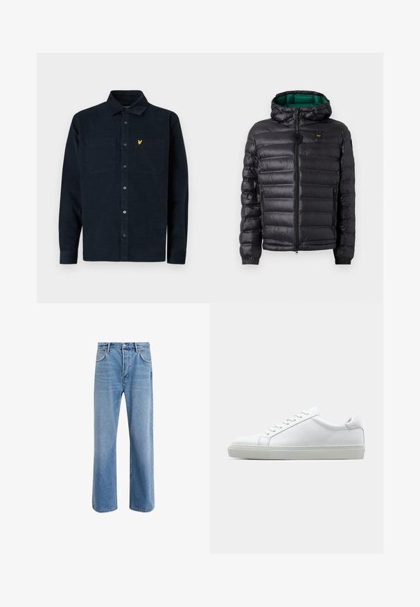 Černá prošívaná bunda s kapucí, lesklým povrchem, zelenou podšívkou, zapínáním na zip a elastickými manžetami. Obsahuje značkové logo na hrudi.; Tmavě modrá manšestrová košile s knoflíkovým zapínáním, dvěma náprsními kapsami a malým žlutým logem na levé kapse.; Světle modré džínové kalhoty s rovnými nohavicemi, pěti kapsami, zapínáním na knoflík, minimálním vyblednutím a kontrastním prošitím.; Bílé tenisky s hladkým koženým svrškem a nízkým profilem. Mají zaoblenou špičku, šest nýtů a texturovanou gumovou podrážku.