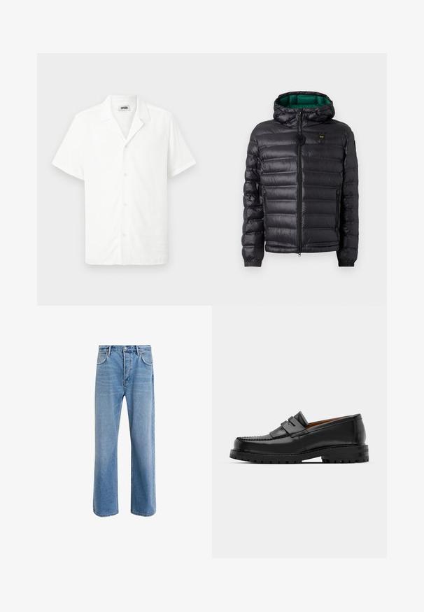 Veste matelassée noire avec capuche, finition brillante, doublure verte, fermeture éclair et poignets élastiques. Comprend un logo de marque sur la poitrine.; Chemise blanche à manches courtes en tissu léger, dotée d'un col et de cinq boutons sur le devant, avec une texture lisse. Sans motifs ni accents.; Jeans en denim bleu clair avec une coupe droite, cinq poches, fermeture à bouton, peu d'usure et des détails de couture contrastés.; Des mocassins en cuir noir présentent une couture surélevée, deux sangles décoratives sur le dessus et une semelle épaisse et texturée pour une meilleure adhérence.