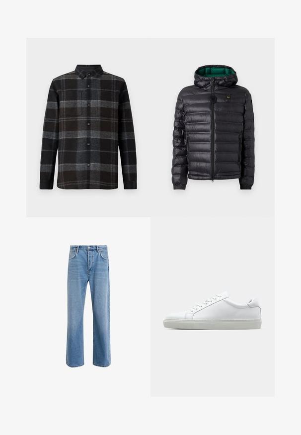 Black puffer jacket with a quilted design, hood, and green interior. Features a central zipper and logo detailing on the upper front.; Flannel shirt in black and gray plaid, featuring a point collar, button front, and two chest pockets. Soft texture and long sleeves.; Light blue denim jeans with a straight-leg design, five pockets, button closure, minimal fading, and contrasting stitching details.; White sneaker with a smooth leather upper and a low profile. Features a rounded toe, six eyelets, and a textured rubber sole.
