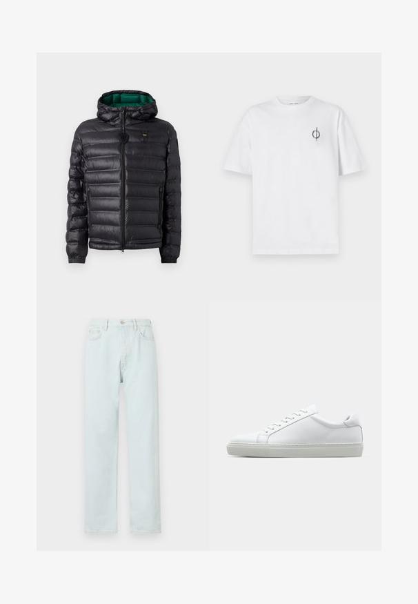 Giacca imbottita nera con cappuccio, finitura lucida, fodera verde, chiusura con zip e polsini elastici. Include logo marchiato sul petto.; T-shirt in cotone bianco con vestibilità rilassata, presenta un piccolo logo grafico nero nella zona sinistra del petto. Maniche corte, collo a giro.; Jeans dritti azzurri chiari realizzati in denim, con chiusura a bottone, leggere sfumature e design a cinque tasche.; Sneaker bianco con tomaia in pelle liscia e profilo basso. Presenta una punta arrotondata, sei occhielli e una suola in gomma testurizzata.