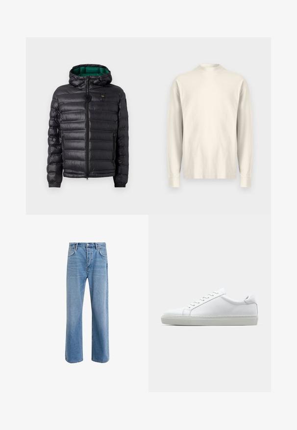 Svart vadderad jacka med huva, blank yta, grön foder, dragkedja och elastiska muddar. Inkluderar märkeslogo på bröstet.; Långärmad tröja med hög krage i ljus gräddfärgad bomull. Slät struktur, avslappnad passform, minimalistisk design, utan synliga mönster eller detaljer.; Ljust blå denimjeans med rak passform, fem fickor, knappstängning, minimal blekning och kontrasterande sömdetaljer.; Vit sneaker med en slät läderövre och låg profil. Har en rundad tå, sex snörhål och en strukturerad gummisula.