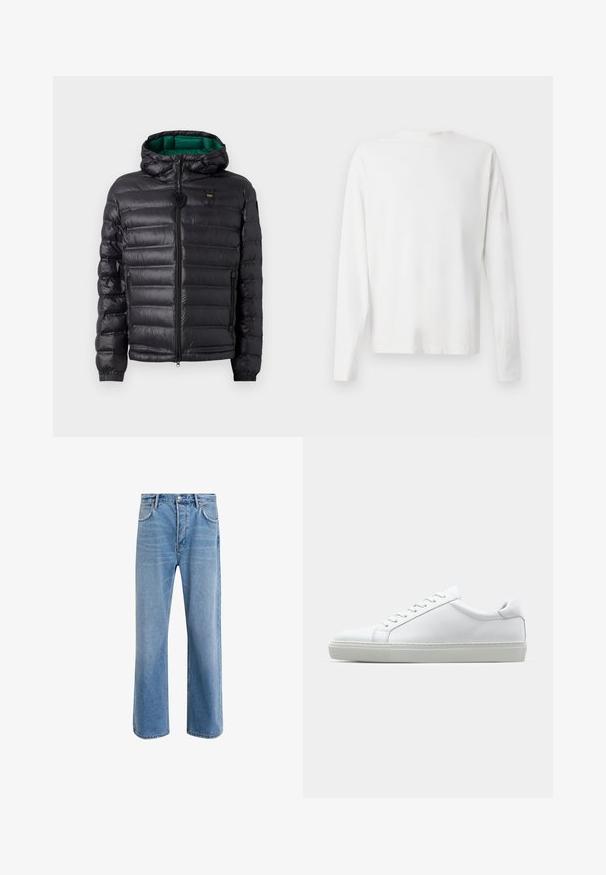Geacă puffer neagră cu un design matlasat, cu glugă și interior verde. Prezintă un fermoar central și detalii cu logo în partea superioară frontală.; Cămașă albă din bumbac cu mâneci lungi, decolteu rotund, fante pe laterale la baza, cu o textură netedă, expusă din spate.; Jeans din denim bleu deschis cu un design drept, cinci buzunare, închidere cu buton, decolorare minimă și detalii de cusătură în contrast.; Adidași albi cu o suprafață din piele netedă și un profil jos. Au un vârf rotunjit, șase orificii pentru șireturi și o talpă din cauciuc texturată.