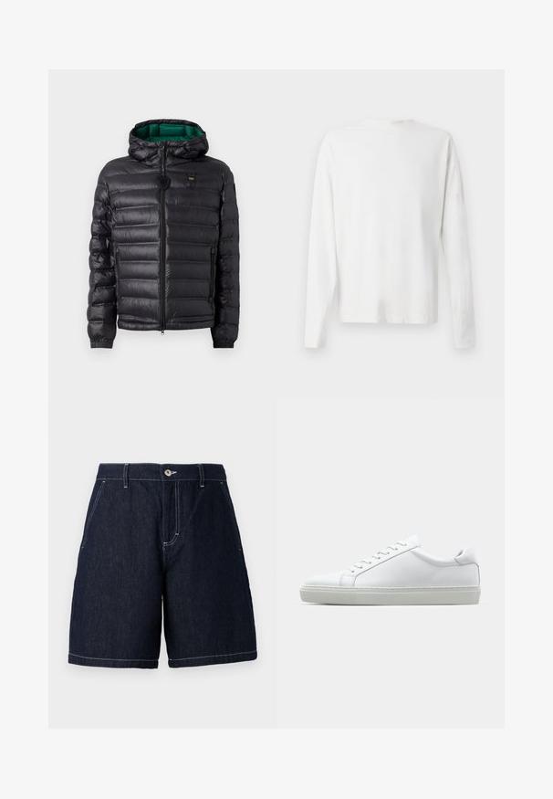 Black puffer jacket with a quilted design, hood, and green interior. Features a central zipper and logo detailing on the upper front.; Long-sleeved white cotton shirt with a round neckline, side slits at the bottom, and a smooth texture, displayed from the back.; Dark denim shorts with a straight cut. Features a button closure, front pockets, and contrasting white stitching along the edges.; White sneaker with a smooth leather upper and a low profile. Features a rounded toe, six eyelets, and a textured rubber sole.