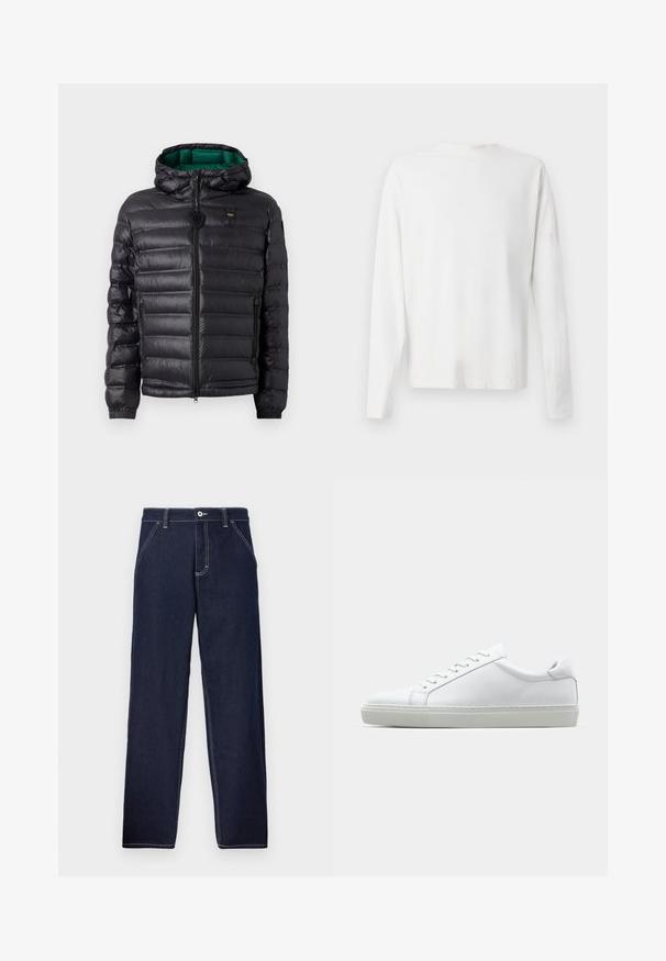 Chaqueta de plumas negra con un diseño acolchado, capucha y interior verde. Presenta un cierre central y detalles del logotipo en la parte superior delantera.; Camisa de algodón blanca de manga larga con cuello redondo, aberturas laterales en la parte inferior y una textura suave, exhibida desde la parte de atrás.; Pantalones de mezclilla azul oscuro con un diseño de pierna recta, que cuentan con costuras en contraste, cierre frontal con botones y estilo clásico de cinco bolsillos.; Zapatilla blanca con parte superior de cuero liso y perfil bajo. Presenta una puntera redondeada, seis ojales y una suela de goma texturizada.