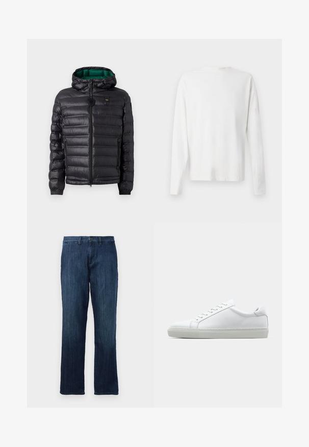 Giubbotto a vento nero con design trapuntato, cappuccio e interni verdi. Presenta una zip centrale e dettagli del logo sulla parte alta anteriore.; Camicia bianca in cotone a maniche lunghe con scollatura rotonda, spacchi laterali in fondo e una texture liscia, mostrata da dietro.; Jeans in denim blu scuro con un design a gamba dritta, caratterizzati da una chiusura frontale con bottone e da un classico stile a cinque tasche. Texture liscia e peso medio.; Sneaker bianco con tomaia in pelle liscia e profilo basso. Presenta una punta arrotondata, sei occhielli e una suola in gomma testurizzata.
