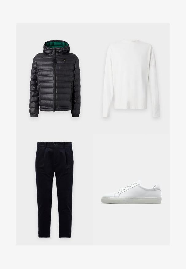 Svart pufferjacka med kviltat mönster, huva och grön inredning. Har en central dragkedja och logodetaljer på övre framsidan.; Vit långärmad skjorta i bomull med rund halsringning, sidofickor längst ner och en slät yta, visad bakifrån.; Mörkblå byxor gjorda av textil med struktur, som har en knappstängning, veck och resårmidja för komfort. Rak benform.; Vit sneaker med en slät läderövre och låg profil. Har en rundad tå, sex snörhål och en strukturerad gummisula.