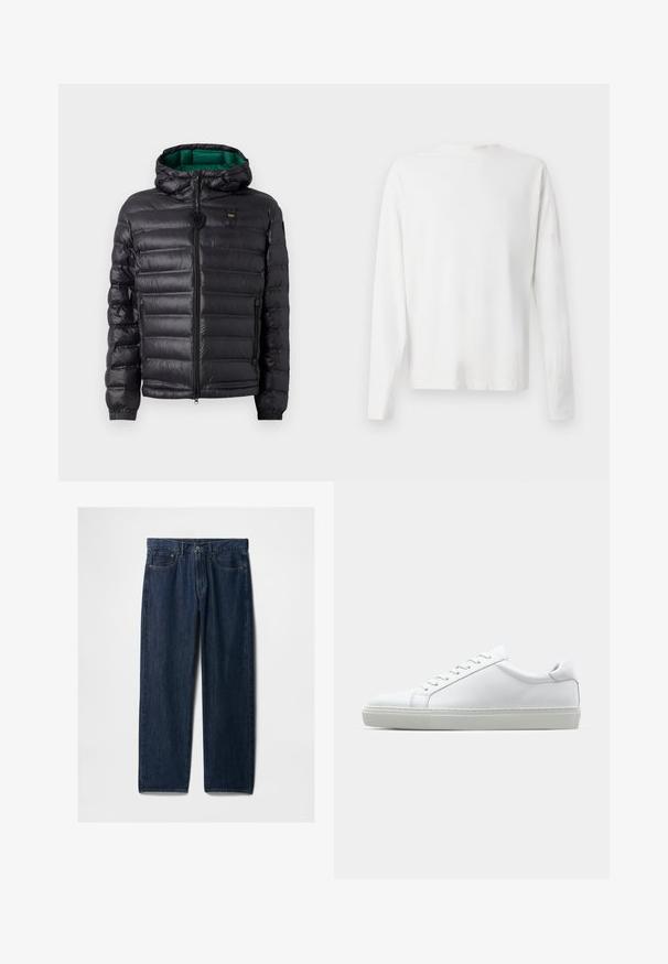 Chaqueta de plumas negra con un diseño acolchado, capucha y interior verde. Presenta un cierre central y detalles del logotipo en la parte superior delantera.; Camisa de algodón blanca de manga larga con cuello redondo, aberturas laterales en la parte inferior y una textura suave, exhibida desde la parte de atrás.; Vaqueros de mezclilla de pierna recta en azul oscuro con cinco bolsillos, cierre de cremallera y un patrón de costura clásico. Sin desgastes visibles ni adornos.; Zapatilla blanca con parte superior de cuero liso y perfil bajo. Presenta una puntera redondeada, seis ojales y una suela de goma texturizada.