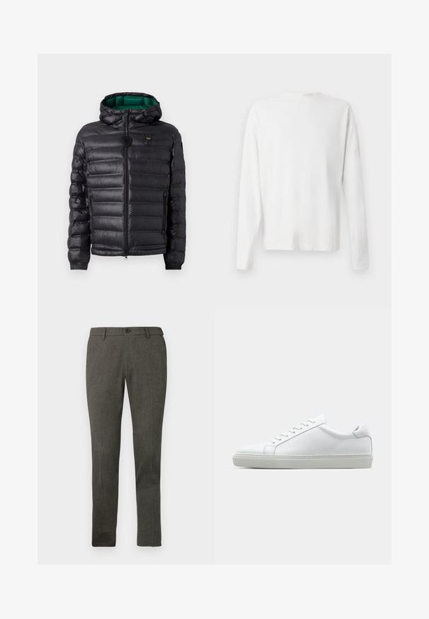 Sort puffjakke med en quiltet design, hætte og grøn inderside. Har en中央 lynlås og logo detaljer på den øverste front.; Langærmet hvid bomulds skjorte med rund halsudskæring, sideslids i bunden og en glat overflade, vist bagfra.; Slim-fit herre bukser i mørkegrå farve med bæltesløjfer, knap foran og en diskret tekstureret stof.; Hvide sneakers med en glat læderoverdel og lav profil. Har en rund tå, seks snørehuller og en tekstureret gummisål.