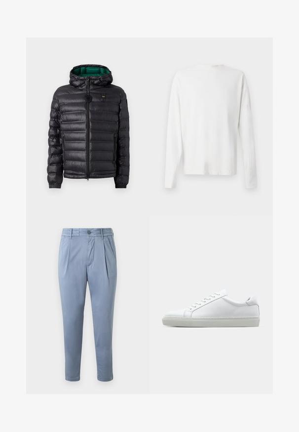 Črna puhasta jakna z nabranim dizajnom, kapuco in zelenim notranjim delom. Ima osrednji zadrgo in logotip na zgornji sprednji strani.; Bela bombažna srajca z dolgimi rokavi in okroglo ovratnikom, z bočnimi razporki na dnu in gladko teksturo, prikazana s hrbtne strani.; Svetlo modri, zoženi hlače iz gladkega materiala s hladnim sprednjim delom, naborki in gumbom za zapiranje. Imajo stranske žepke in zaključke s cevmi.; Bela športna obutev z gladkim usnjenim zgornjim delom in nizkim profilom. Ima zaokrožen nos, šest lukenj za vezalke in teksturiran gumijast podplat.