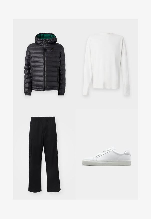 Črna puhasta jakna z nabranim dizajnom, kapuco in zelenim notranjim delom. Ima osrednji zadrgo in logotip na zgornji sprednji strani.; Bela bombažna srajca z dolgimi rokavi in okroglo ovratnikom, z bočnimi razporki na dnu in gladko teksturo, prikazana s hrbtne strani.; Črne cargo hlače z elastičnim pasom, stranskimi žepi in ravnim krojem, izdelane iz lahkotnega blaga.; Bela športna obutev z gladkim usnjenim zgornjim delom in nizkim profilom. Ima zaokrožen nos, šest lukenj za vezalke in teksturiran gumijast podplat.