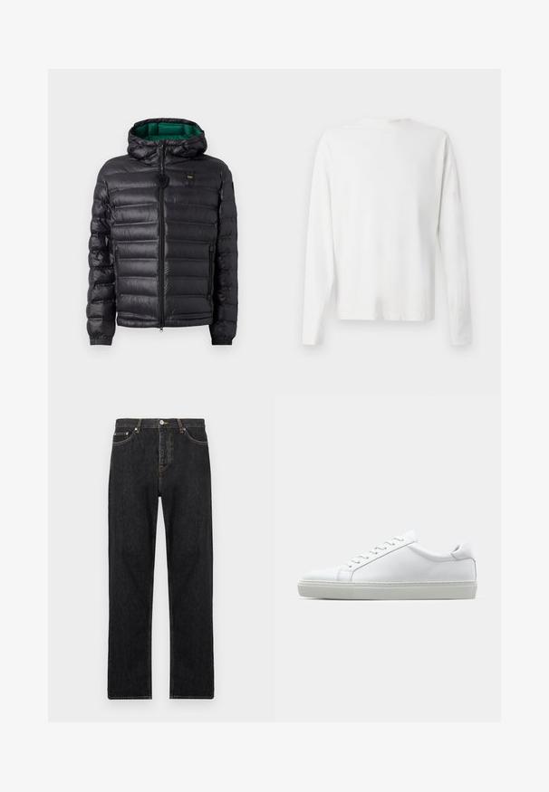 Svart puffjakke med quiltet design, hette og grønn innside. Har en sentral glidelås og logo detaljer på øvre front.; Langermet hvit bomullsskjorte med rund hals, sidespalter nederst og en jevn tekstur, vist fra baksiden.; Svart denimjeans med rett passform, med knappelukking, fem lommer og subtile sømdetaljer langs sømmene.; Hvit sneakers med en glatt skinnoverdel og lav profil. Har en rund tå, seks snøring hull, og en teksturert gummisåle.