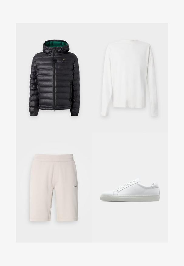 Sort puffjakke med en quiltet design, hætte og grøn inderside. Har en中央 lynlås og logo detaljer på den øverste front.; Langærmet hvid bomulds skjorte med rund halsudskæring, sideslids i bunden og en glat overflade, vist bagfra.; Lyse beige svedshorts lavet af en bomuldsblanding, med elastisk talje, sidelommer og et lille sort logo på det ene ben.; Hvide sneakers med en glat læderoverdel og lav profil. Har en rund tå, seks snørehuller og en tekstureret gummisål.